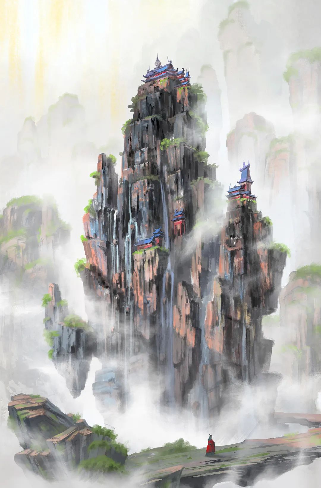 圖為具有中國審美意蘊的科幻插圖，①③為著名科幻插畫師趙恩哲所繪制的《紅岸基地日落》《云嵐山》；②為青年科幻插畫師繪制的《三日凌空》