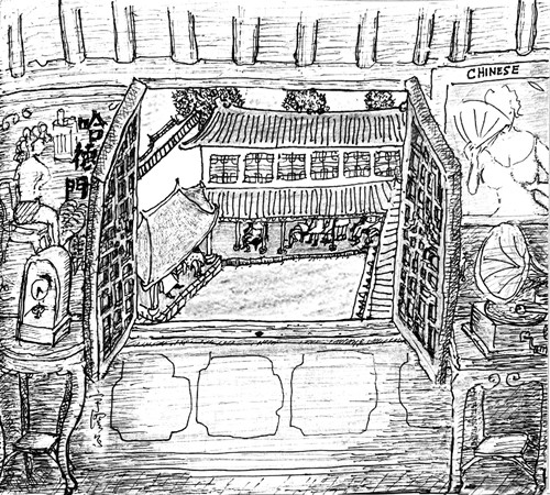 樓下說書，聽書。樓上的情況，不清楚，很多事情如此