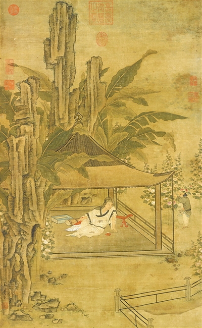 中國畫《山亭納涼圖》，作者為明代周臣。  臺北故宮博物院藏