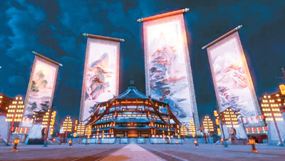 《唐宮夜宴》展覽中，含元殿外景。 　　出品方供圖