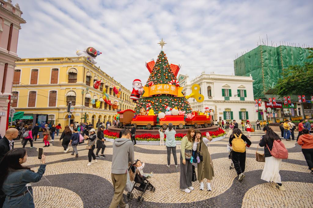 12月12日，游客在澳門議事亭前地的圣誕樹前拍照。新華社記者 朱煒 攝
