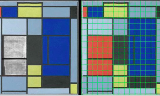 左：紅色矩形層下可見用鉛筆和尺子繪制的嚴格而規矩的網格；右：從紅色矩形延伸出的網格與現有比例重合。